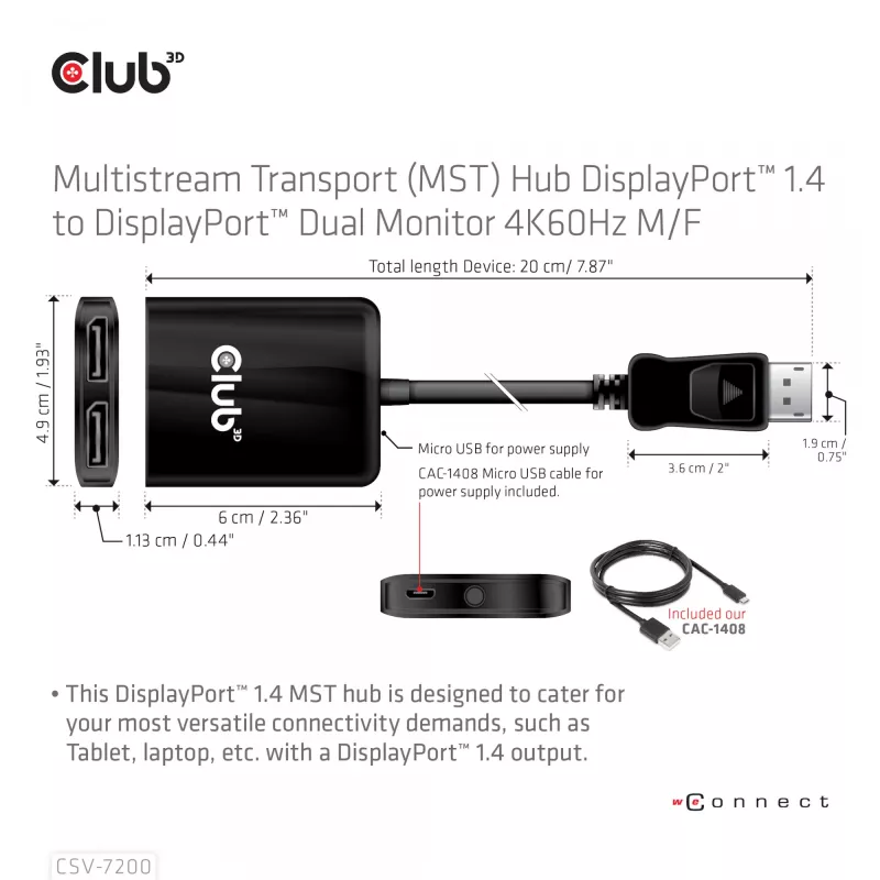 Hub MST DisplayPort 1.4 a DisplayPort + HDMI 4K60Hz CLUB3D CSV-7220