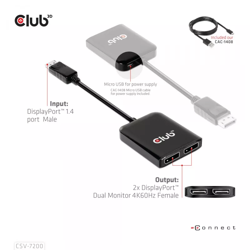 Hub MST DisplayPort 1.4 a DisplayPort + HDMI 4K60Hz CLUB3D CSV-7220