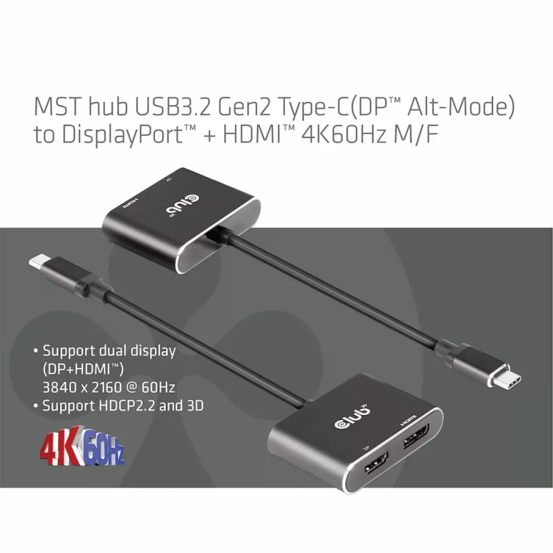 Hub MST CLUB3D USB3.2 Gen2 Type-C (DP Alt-Mode) a DisplayPort + HDMI 4K60Hz M/H