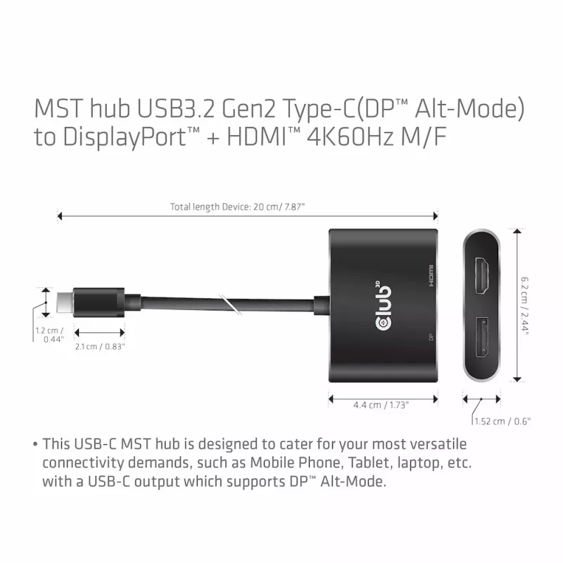 Hub MST CLUB3D USB3.2 Gen2 Type-C (DP Alt-Mode) a DisplayPort + HDMI 4K60Hz M/H