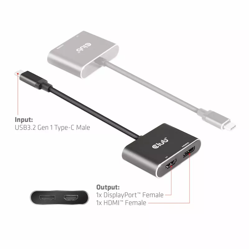 Hub MST CLUB3D USB3.2 Gen2 Type-C (DP Alt-Mode) a DisplayPort + HDMI 4K60Hz M/H