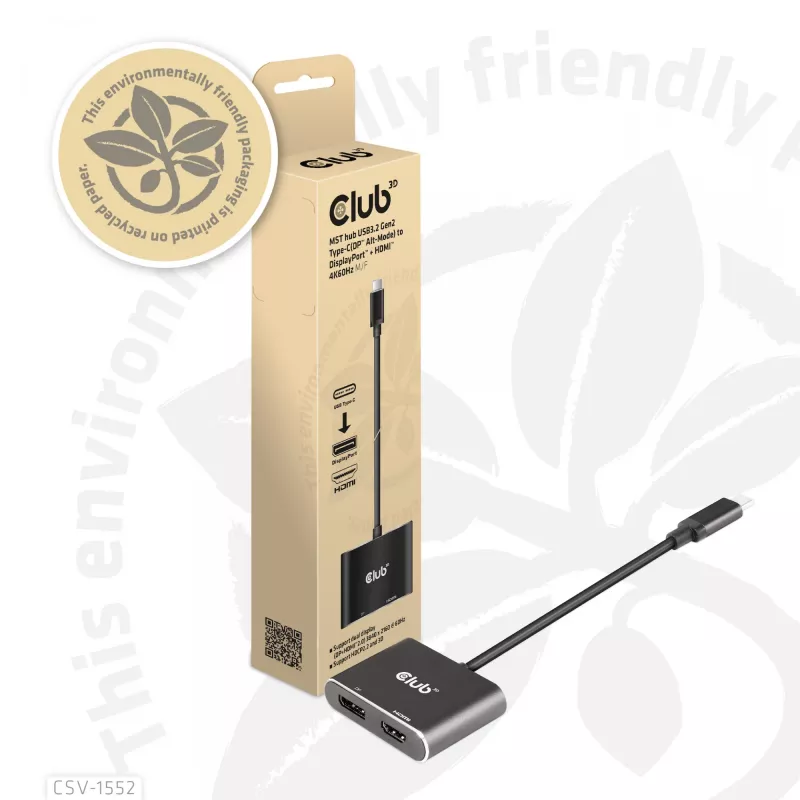 Hub MST CLUB3D USB3.2 Gen2 Type-C (DP Alt-Mode) a DisplayPort + HDMI 4K60Hz M/H