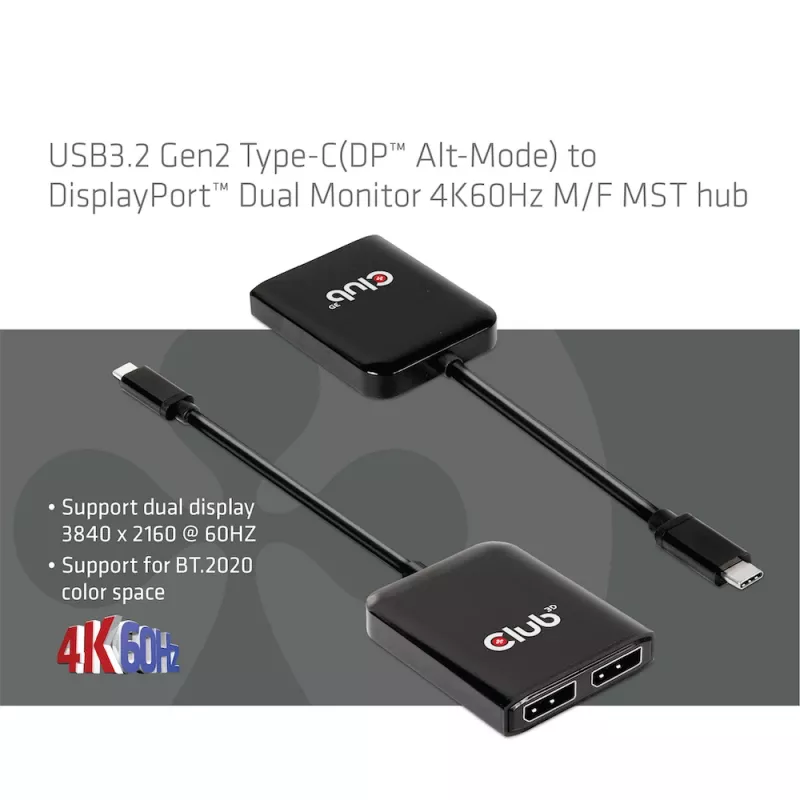 Hub MST CLUB3D USB3.2 Gen2 Type-C (DP™ Alt-Mode) a DisplayPort™ doble monitor 4K60Hz M/H