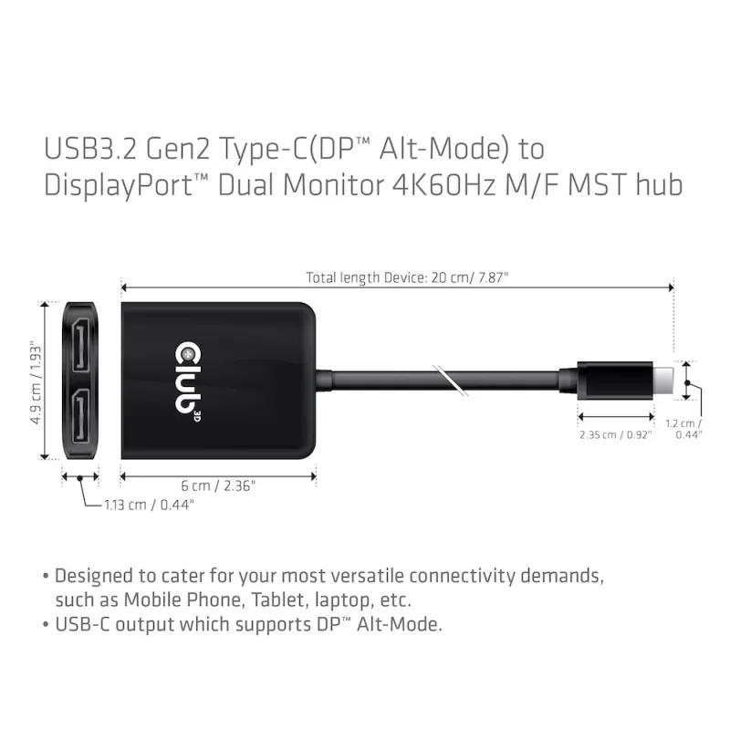 Hub MST CLUB3D USB3.2 Gen2 Type-C (DP™ Alt-Mode) a DisplayPort™ doble monitor 4K60Hz M/H