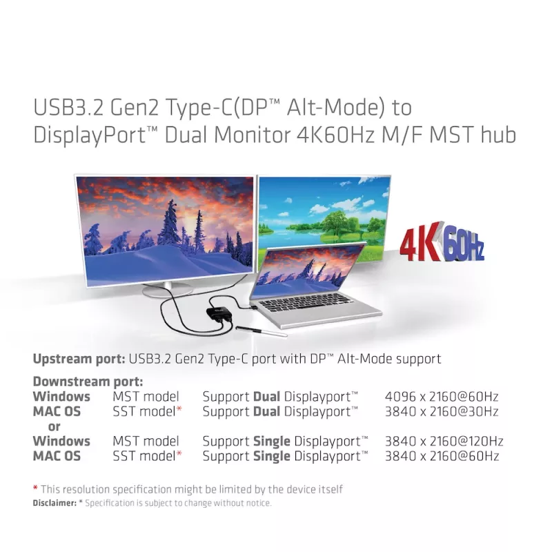 Hub MST CLUB3D USB3.2 Gen2 Type-C (DP™ Alt-Mode) a DisplayPort™ doble monitor 4K60Hz M/H