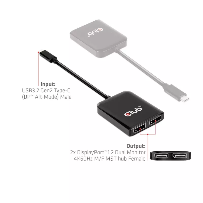 Hub MST CLUB3D USB3.2 Gen2 Type-C (DP™ Alt-Mode) a DisplayPort™ doble monitor 4K60Hz M/H