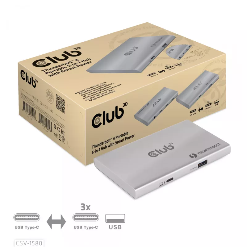 Hub portátil 5 en 1 con Smart Power CLUB3D certificado Thunderbolt™4