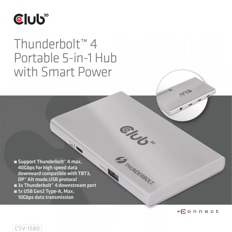Hub portátil 5 en 1 con Smart Power CLUB3D certificado Thunderbolt™4