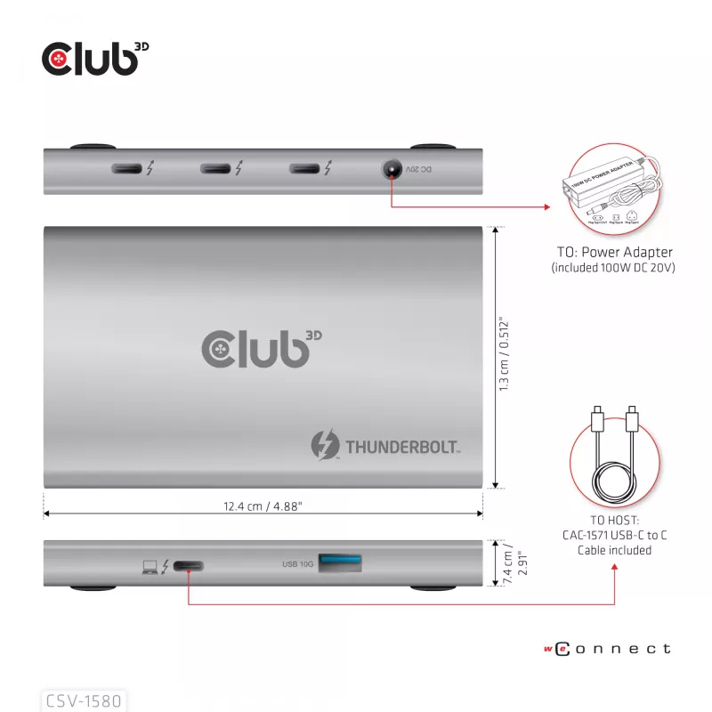 Hub portátil 5 en 1 con Smart Power CLUB3D certificado Thunderbolt™4