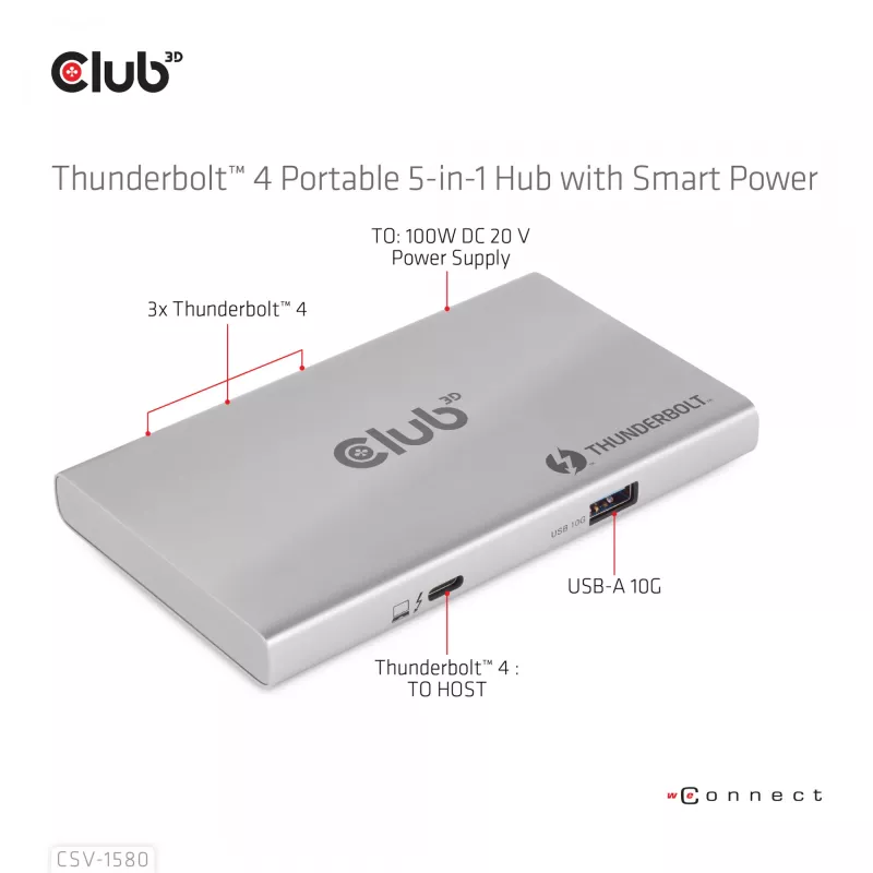 Hub portátil 5 en 1 con Smart Power CLUB3D certificado Thunderbolt™4