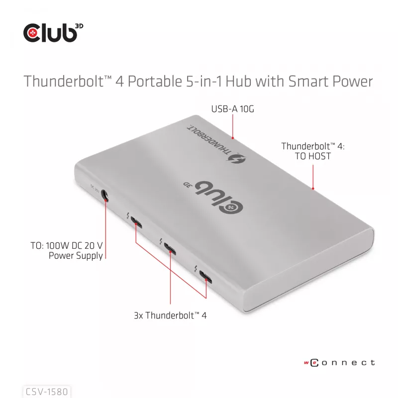 Hub portátil 5 en 1 con Smart Power CLUB3D certificado Thunderbolt™4