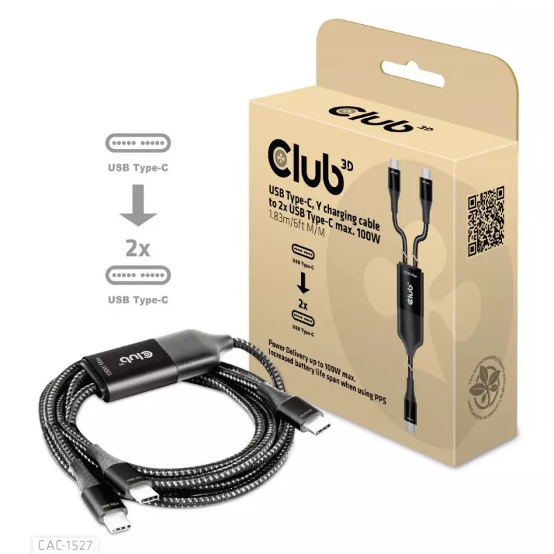 CLUB3D Cable de carga en Y USB Type-C a 2x USB Type-C, máx. 100W, 1,83m/6ft M/M