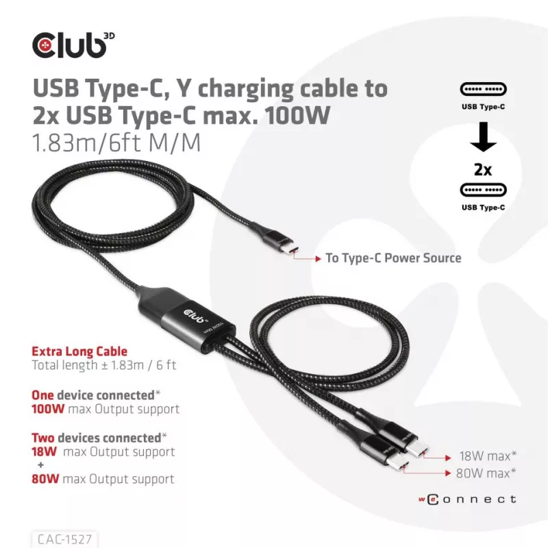 CLUB3D Cable de carga en Y USB Type-C a 2x USB Type-C, máx. 100W, 1,83m/6ft M/M