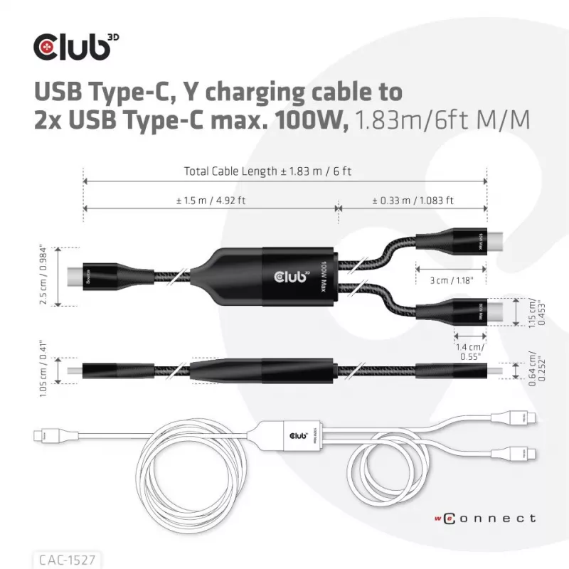 CLUB3D Cable de carga en Y USB Type-C a 2x USB Type-C, máx. 100W, 1,83m/6ft M/M