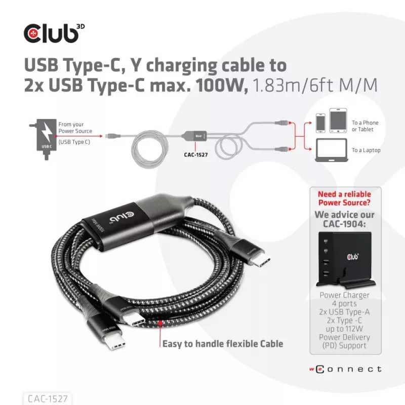 CLUB3D Cable de carga en Y USB Type-C a 2x USB Type-C, máx. 100W, 1,83m/6ft M/M