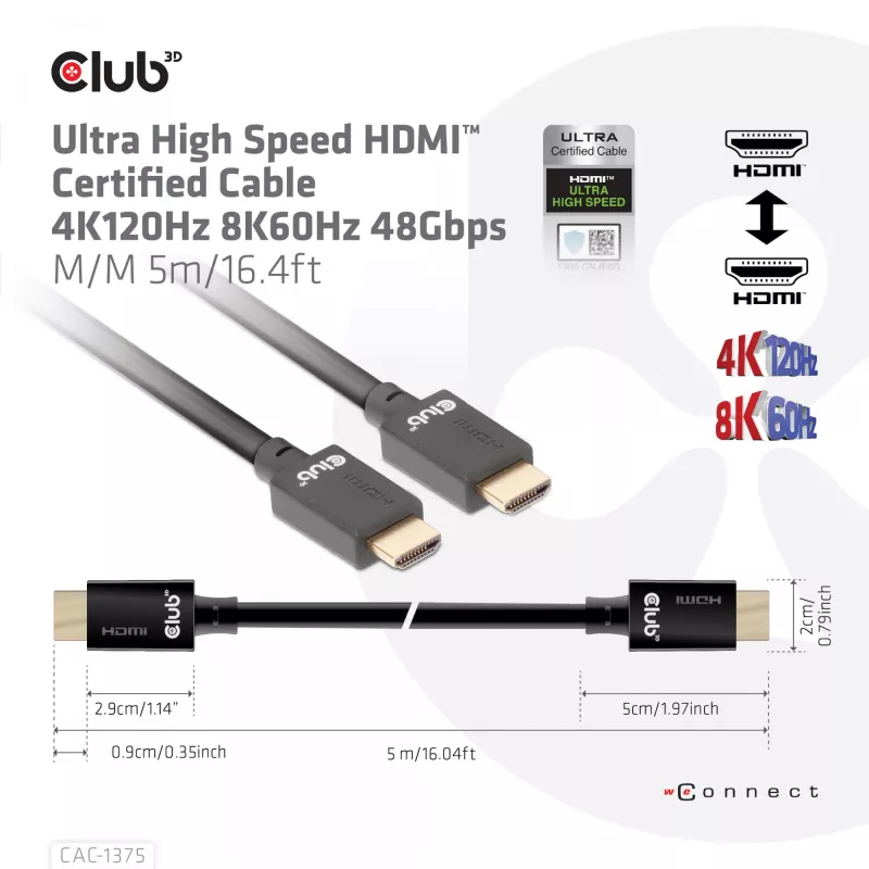 Cable CLUB3D Ultra High Speed HDMI™ Certified 4K120Hz 8K60Hz 48Gbps M/M 5m/16.4ft