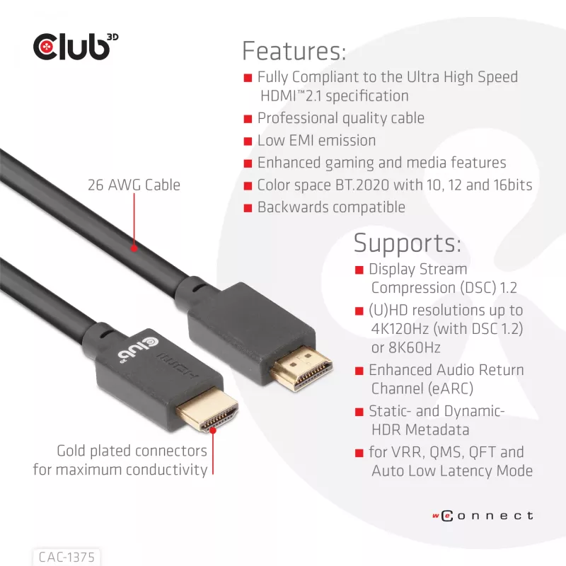 Cable CLUB3D Ultra High Speed HDMI™ Certified 4K120Hz 8K60Hz 48Gbps M/M 5m/16.4ft