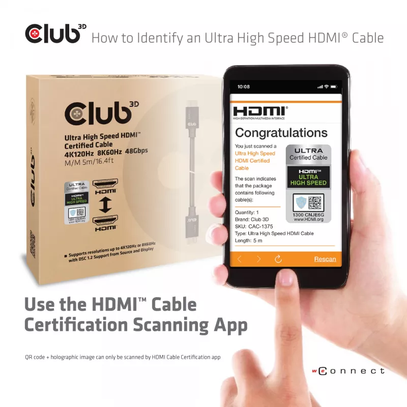 Cable CLUB3D Ultra High Speed HDMI™ Certified 4K120Hz 8K60Hz 48Gbps M/M 5m/16.4ft