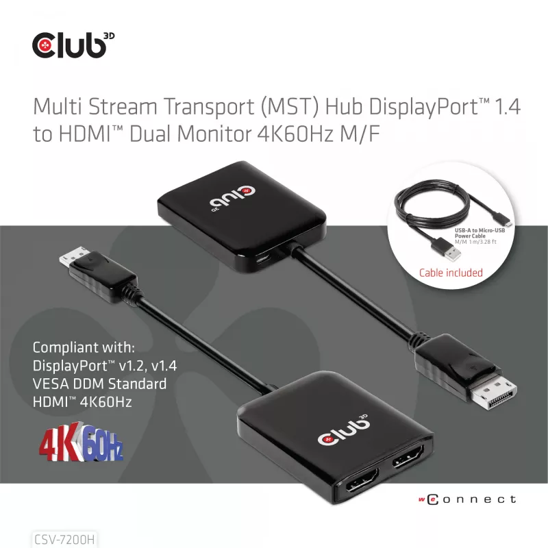 CLUB3D Hub Multi Stream Transport (MST) DisplayPort 1.4 a HDMI doble monitor 4K60Hz M/H