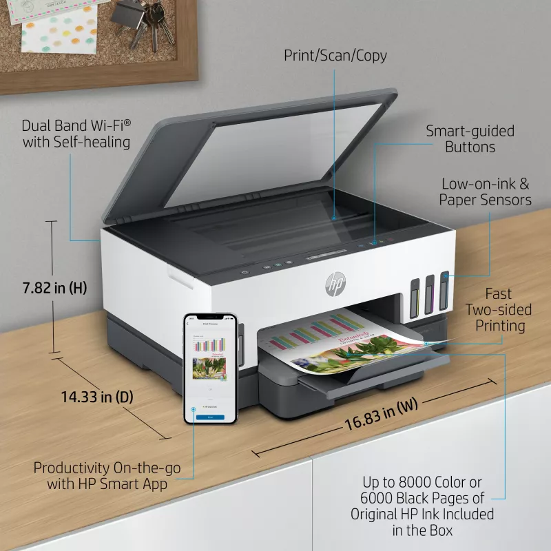HP Smart Tank 7005 Impresora multifunción inalámbrica en color, impresión a doble cara; copiadora, escáner