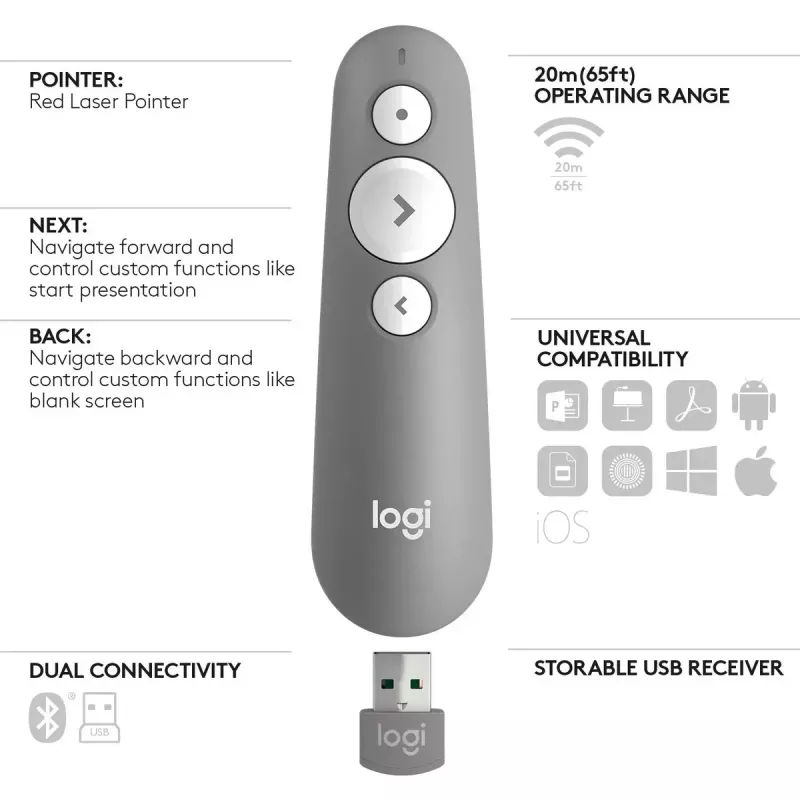 LOGITECH R500 Mando de presentaciones láser gris