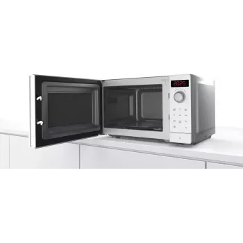 Microondas solo Bosch Serie 2 FFL023MW0 — 800 W, 20 L, 5 niveles de potencia, plato giratorio de 270 mm, blanco
