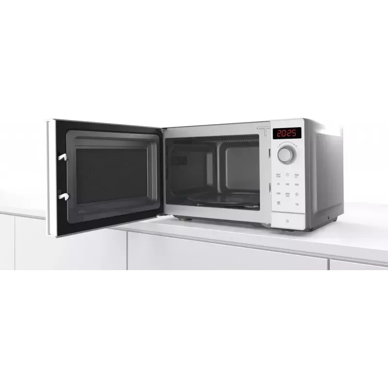Microondas solo Bosch Serie 2 FFL023MW0 — 800 W, 20 L, 5 niveles de potencia, plato giratorio de 270 mm, blanco