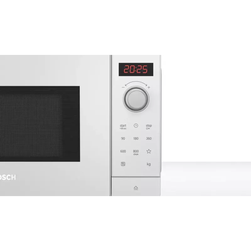 Microondas solo Bosch Serie 2 FFL023MW0 — 800 W, 20 L, 5 niveles de potencia, plato giratorio de 270 mm, blanco