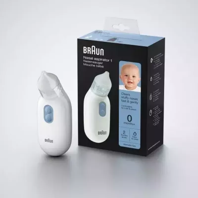 Aspirador nasal eléctrico BRAUN BNA 100 — a pilas, succión ajustable, puntas extraíbles, blanco