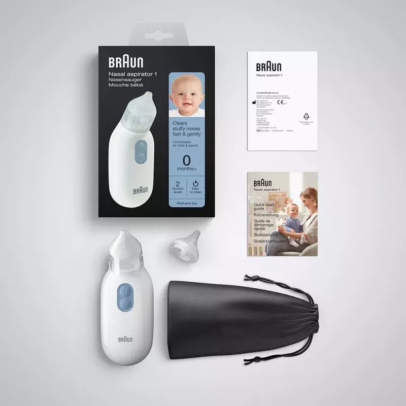Aspirador nasal eléctrico BRAUN BNA 100 — a pilas, succión ajustable, puntas extraíbles, blanco