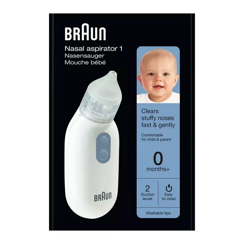 Aspirador nasal eléctrico BRAUN BNA 100 — a pilas, succión ajustable, puntas extraíbles, blanco