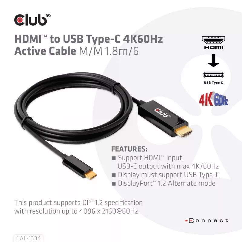 Cable activo CLUB3D HDMI a USB Type-C 4K60Hz M/M 1,8 m/6 ft
