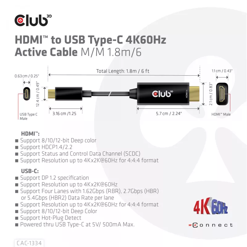 Cable activo CLUB3D HDMI a USB Type-C 4K60Hz M/M 1,8 m/6 ft