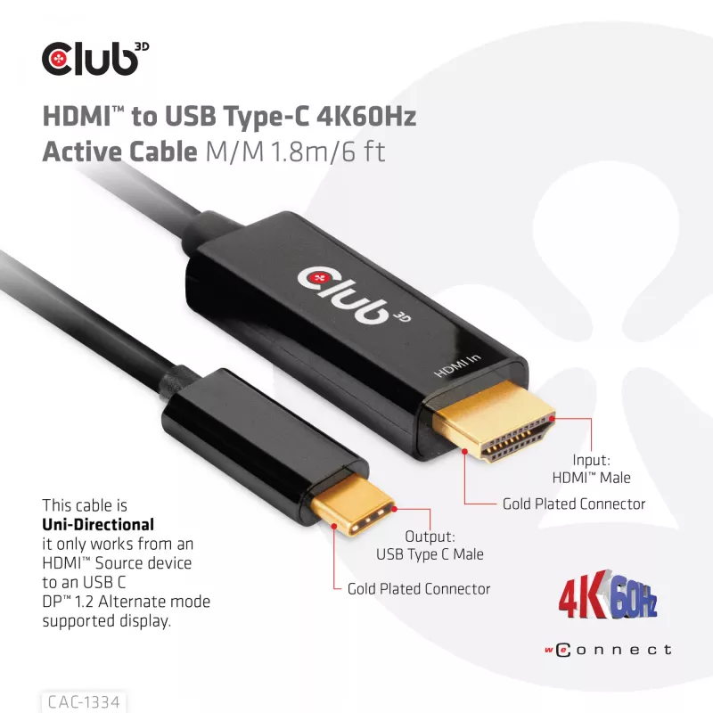 Cable activo CLUB3D HDMI a USB Type-C 4K60Hz M/M 1,8 m/6 ft