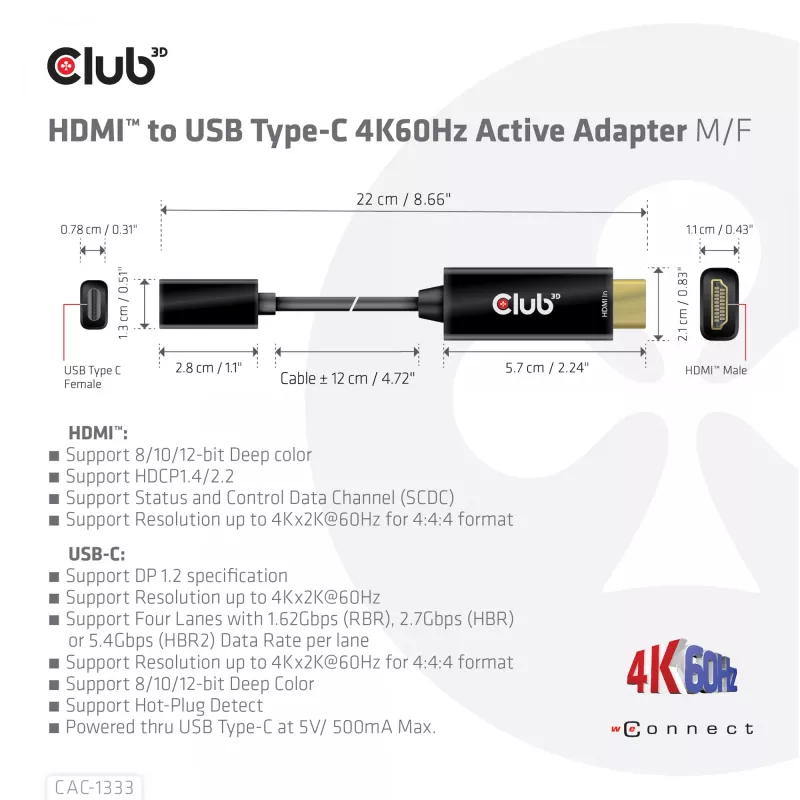 Adaptador activo CLUB3D HDMI a USB Type-C 4K60Hz M/H