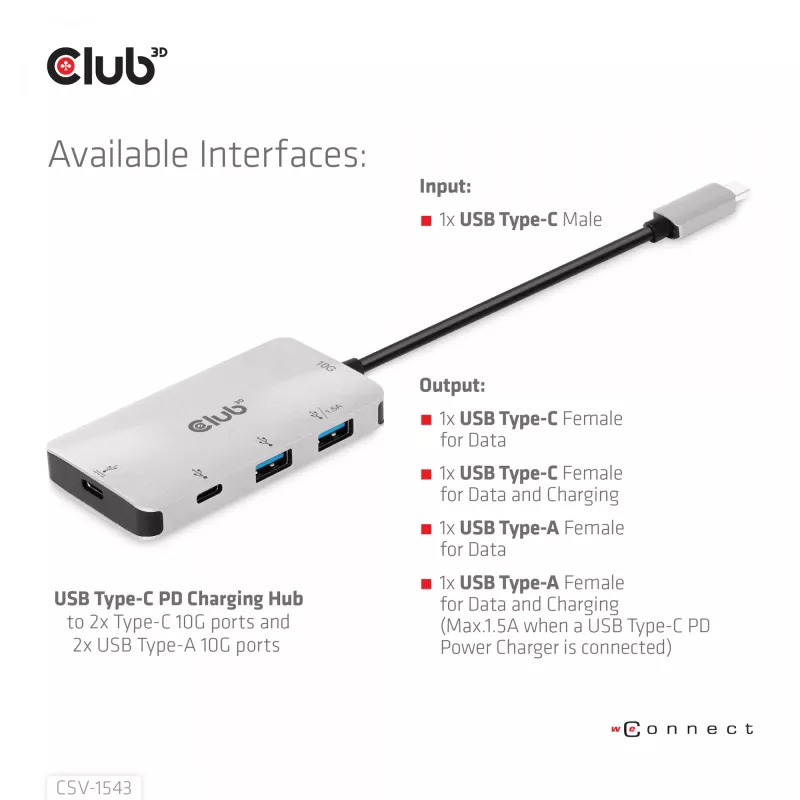 Hub de carga CLUB3D USB Gen2 Type-C PD a 2 puertos Type-C 10G y 2 puertos USB Type-A 10G