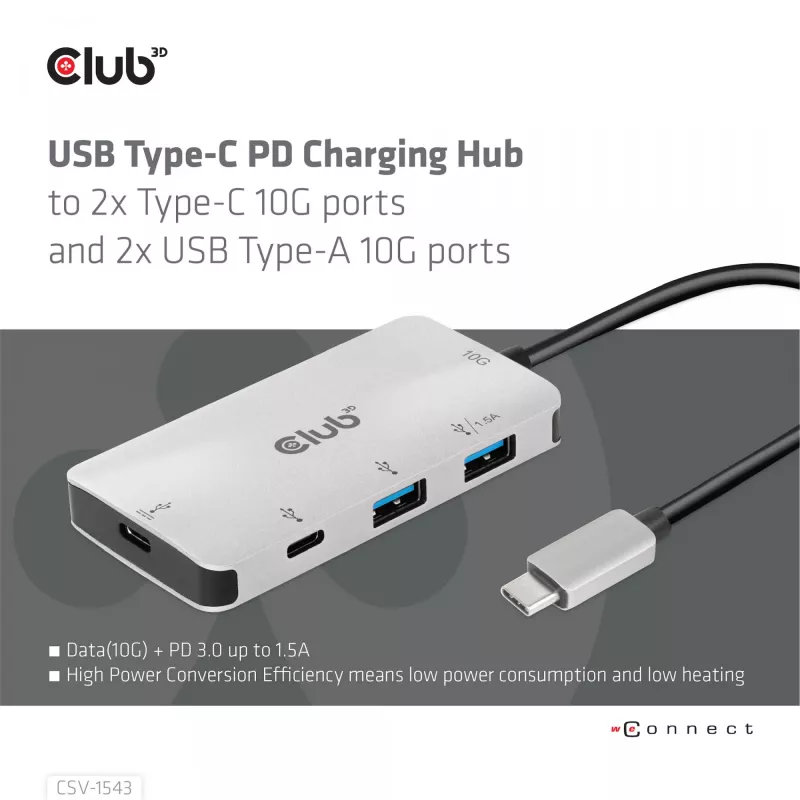 Hub de carga CLUB3D USB Gen2 Type-C PD a 2 puertos Type-C 10G y 2 puertos USB Type-A 10G