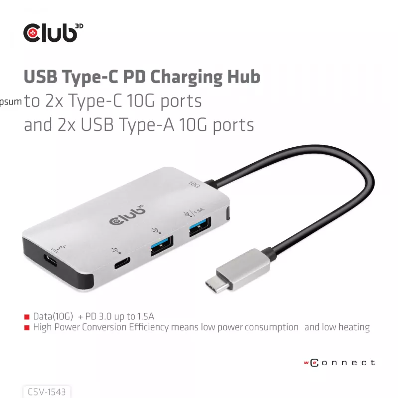 Hub de carga CLUB3D USB Gen2 Type-C PD a 2 puertos Type-C 10G y 2 puertos USB Type-A 10G