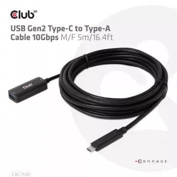 Cable CLUB3D USB Gen2 Type-C a Type-A 10Gbps M/H 5m/16.4ft