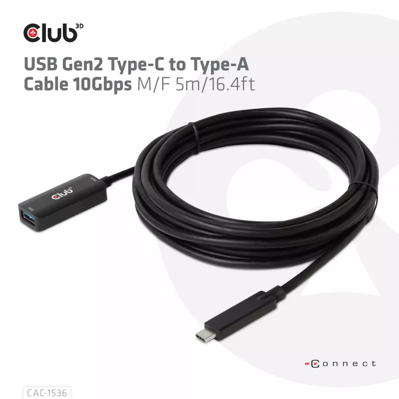 Club 3D CAC-1536 cable alargador USB 3.2 Gen2 de Type-C a Type-A, 10 Gbps, macho/hembra, 5 m, negro