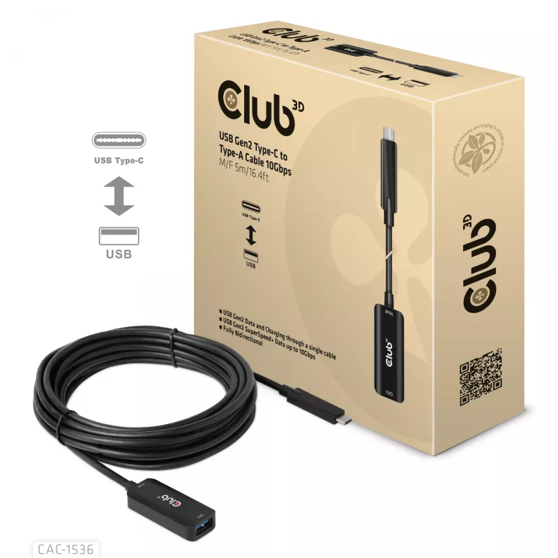 Club 3D CAC-1536 cable alargador USB 3.2 Gen2 de Type-C a Type-A, 10 Gbps, macho/hembra, 5 m, negro