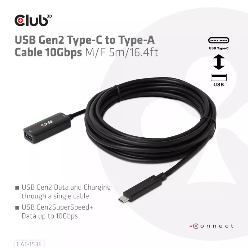 Club 3D CAC-1536 cable alargador USB 3.2 Gen2 de Type-C a Type-A, 10 Gbps, macho/hembra, 5 m, negro