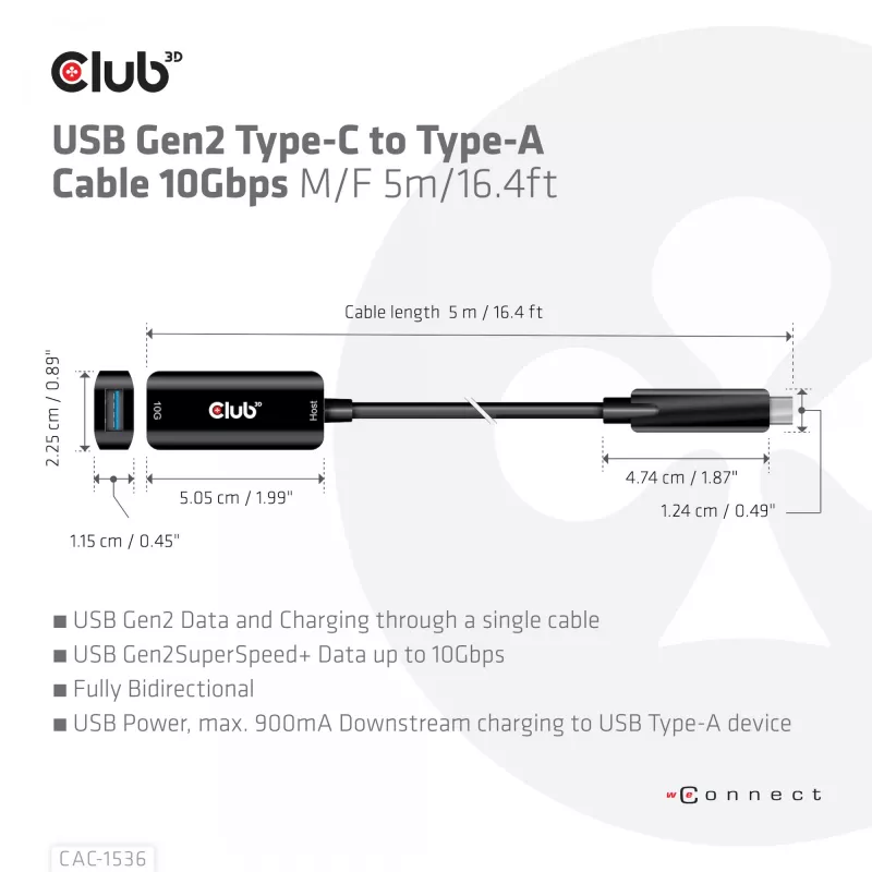 Club 3D CAC-1536 cable alargador USB 3.2 Gen2 de Type-C a Type-A, 10 Gbps, macho/hembra, 5 m, negro