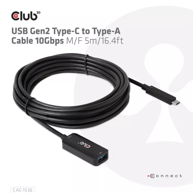 Club 3D CAC-1536 cable alargador USB 3.2 Gen2 de Type-C a Type-A, 10 Gbps, macho/hembra, 5 m, negro