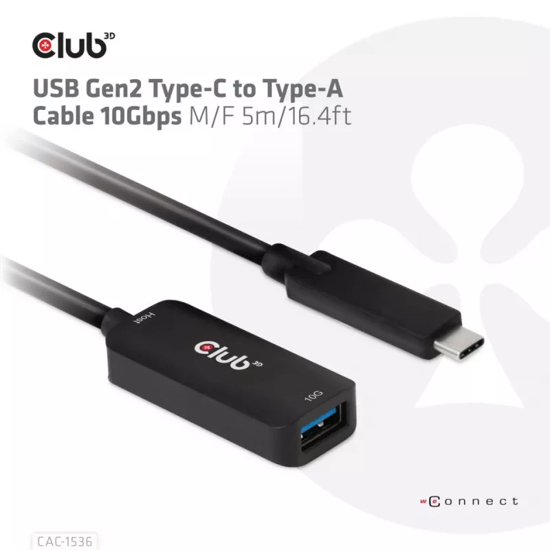 Club 3D CAC-1536 cable alargador USB 3.2 Gen2 de Type-C a Type-A, 10 Gbps, macho/hembra, 5 m, negro
