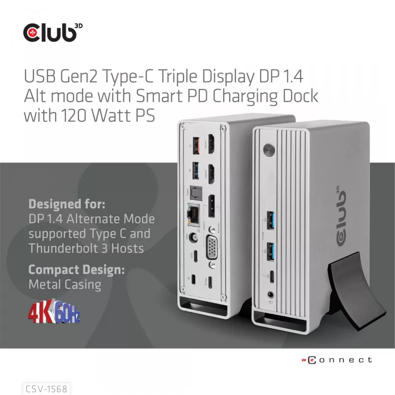 Docking station CLUB3D CSV-1568 carcasa metálica USB Gen2 Type-C USB Gen2 Type-A HDMI DP VGA RJ45 120W