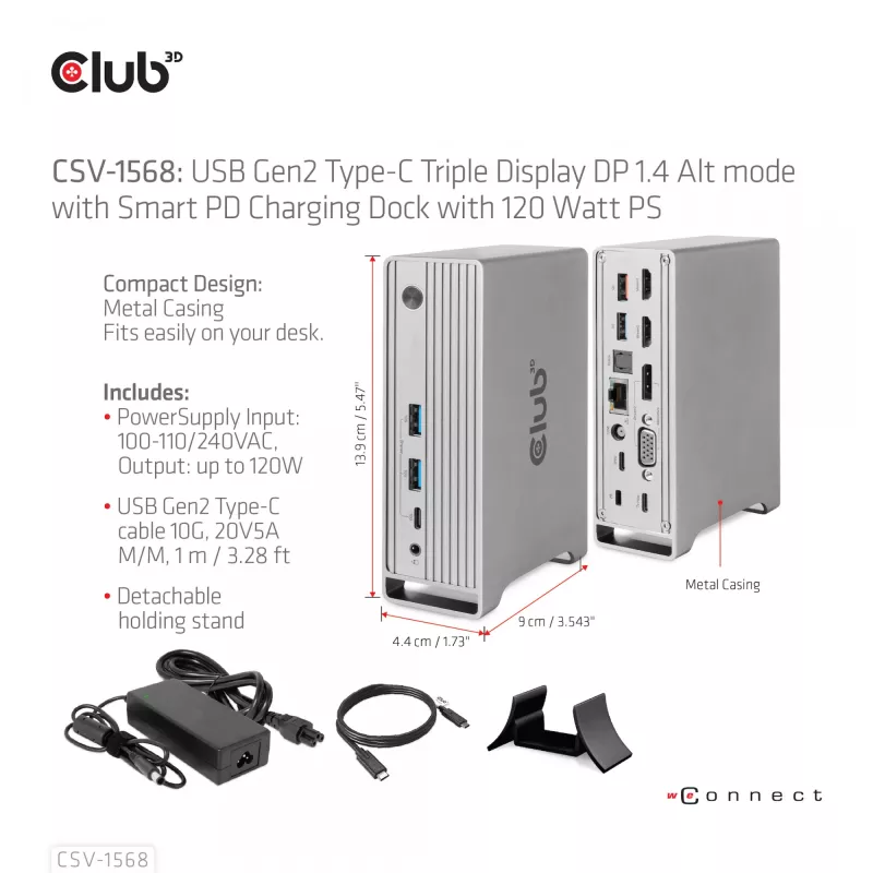 Docking station CLUB3D CSV-1568 carcasa metálica USB Gen2 Type-C USB Gen2 Type-A HDMI DP VGA RJ45 120W