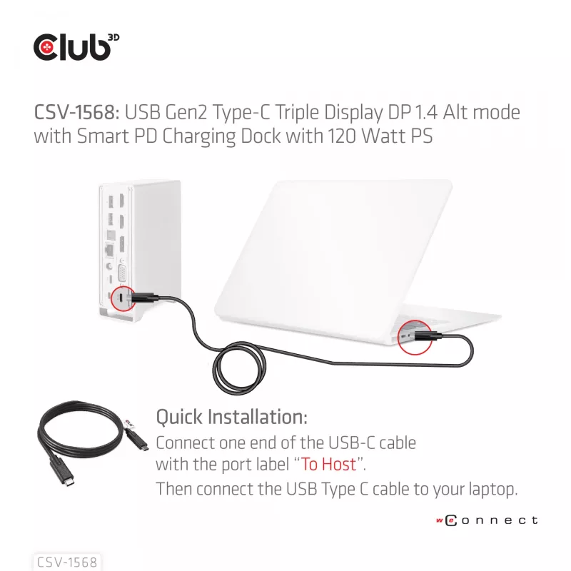 Docking station CLUB3D CSV-1568 carcasa metálica USB Gen2 Type-C USB Gen2 Type-A HDMI DP VGA RJ45 120W