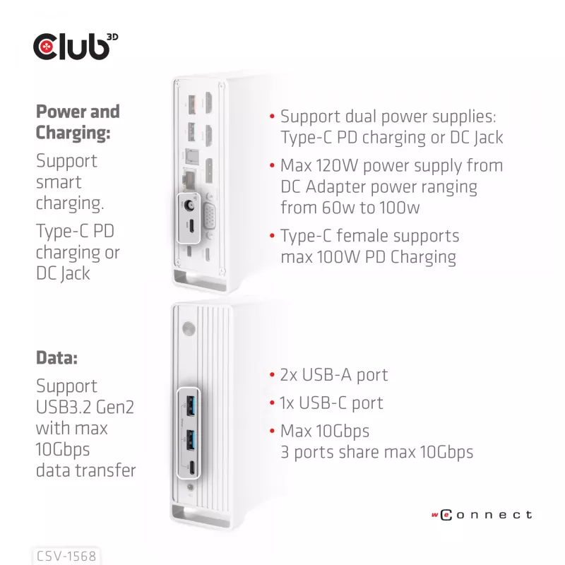 Docking station CLUB3D CSV-1568 carcasa metálica USB Gen2 Type-C USB Gen2 Type-A HDMI DP VGA RJ45 120W