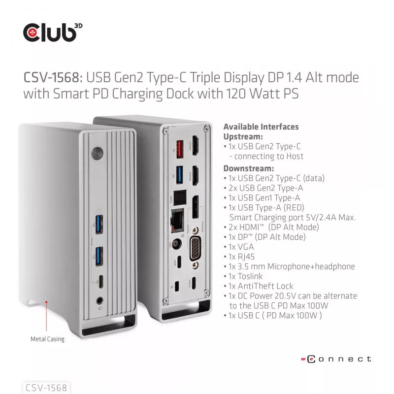 Docking station CLUB3D CSV-1568 carcasa metálica USB Gen2 Type-C USB Gen2 Type-A HDMI DP VGA RJ45 120W